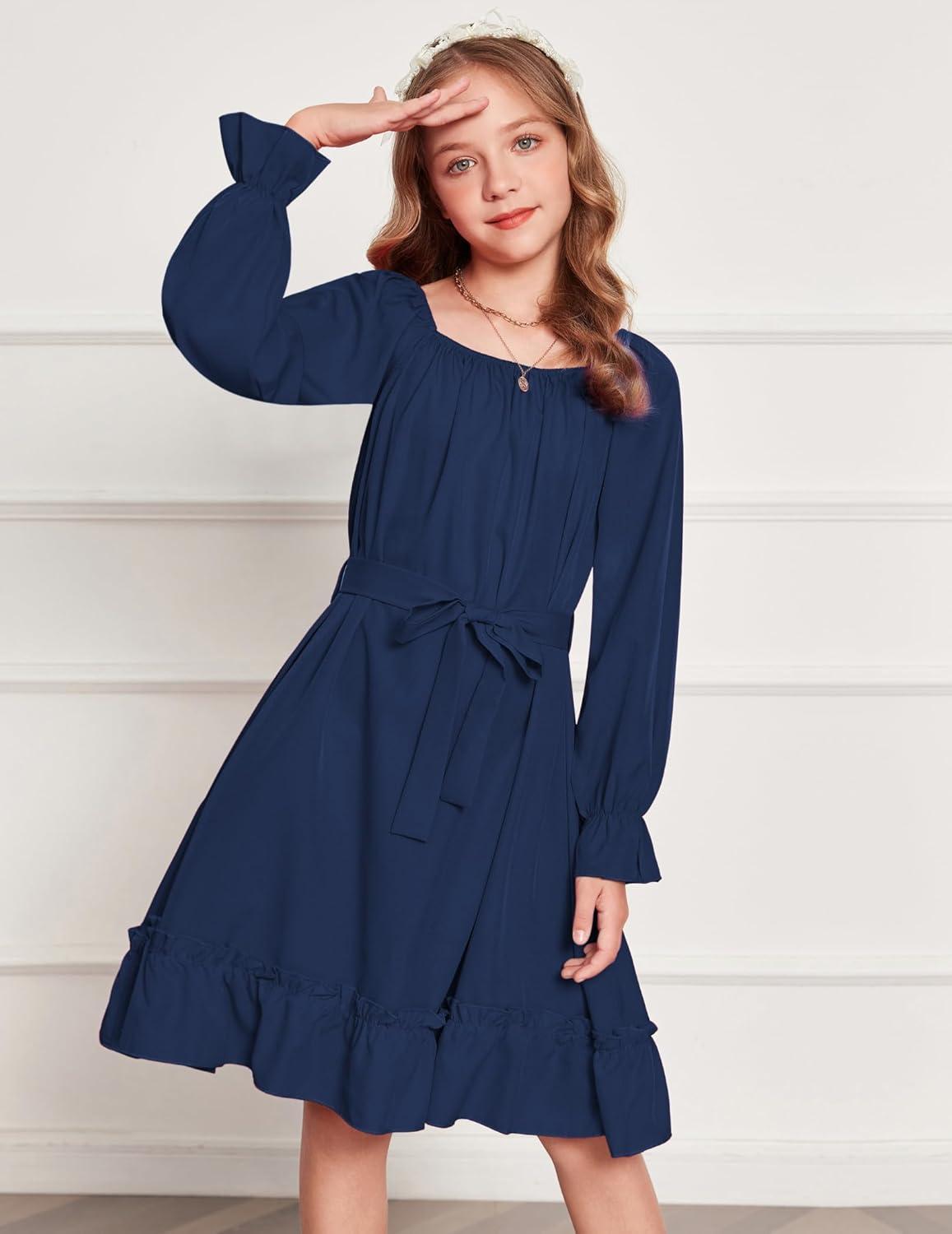 image:imageArshiner Girls Long Sleeve Dress Holiday Party Casual Ruffle Flowy Swing Midi Dresses 514 YearsNavy Blue