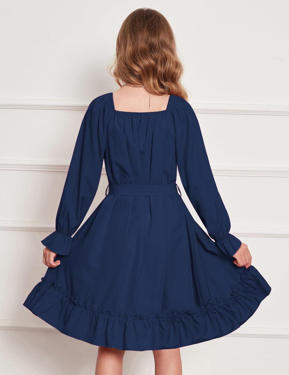 image:imageArshiner Girls Long Sleeve Dress Holiday Party Casual Ruffle Flowy Swing Midi Dresses 514 YearsNavy Blue