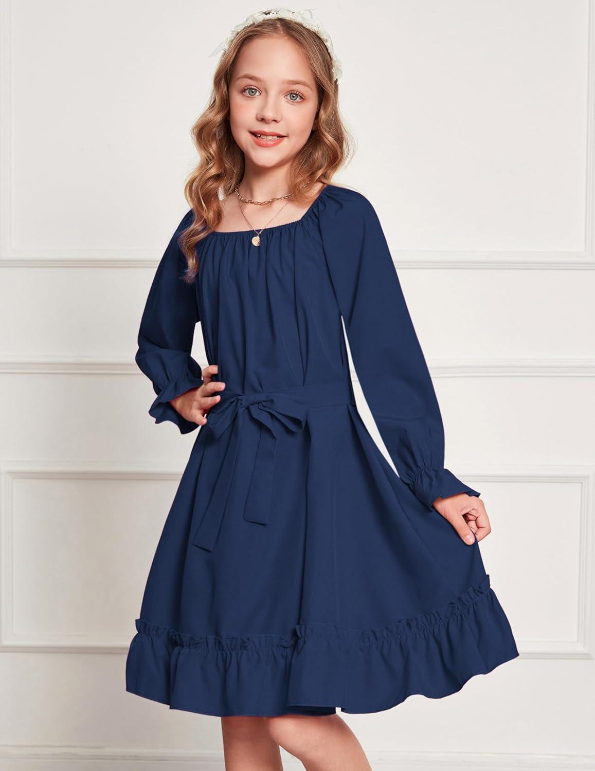 image:imageArshiner Girls Long Sleeve Dress Holiday Party Casual Ruffle Flowy Swing Midi Dresses 514 YearsNavy Blue