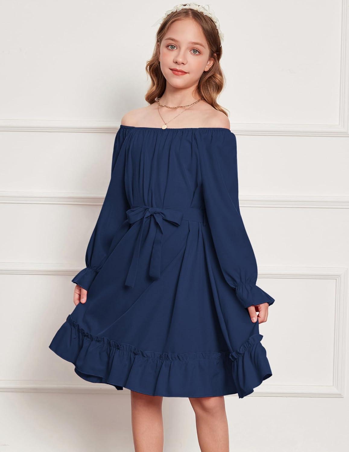 image:imageArshiner Girls Long Sleeve Dress Holiday Party Casual Ruffle Flowy Swing Midi Dresses 514 YearsNavy Blue