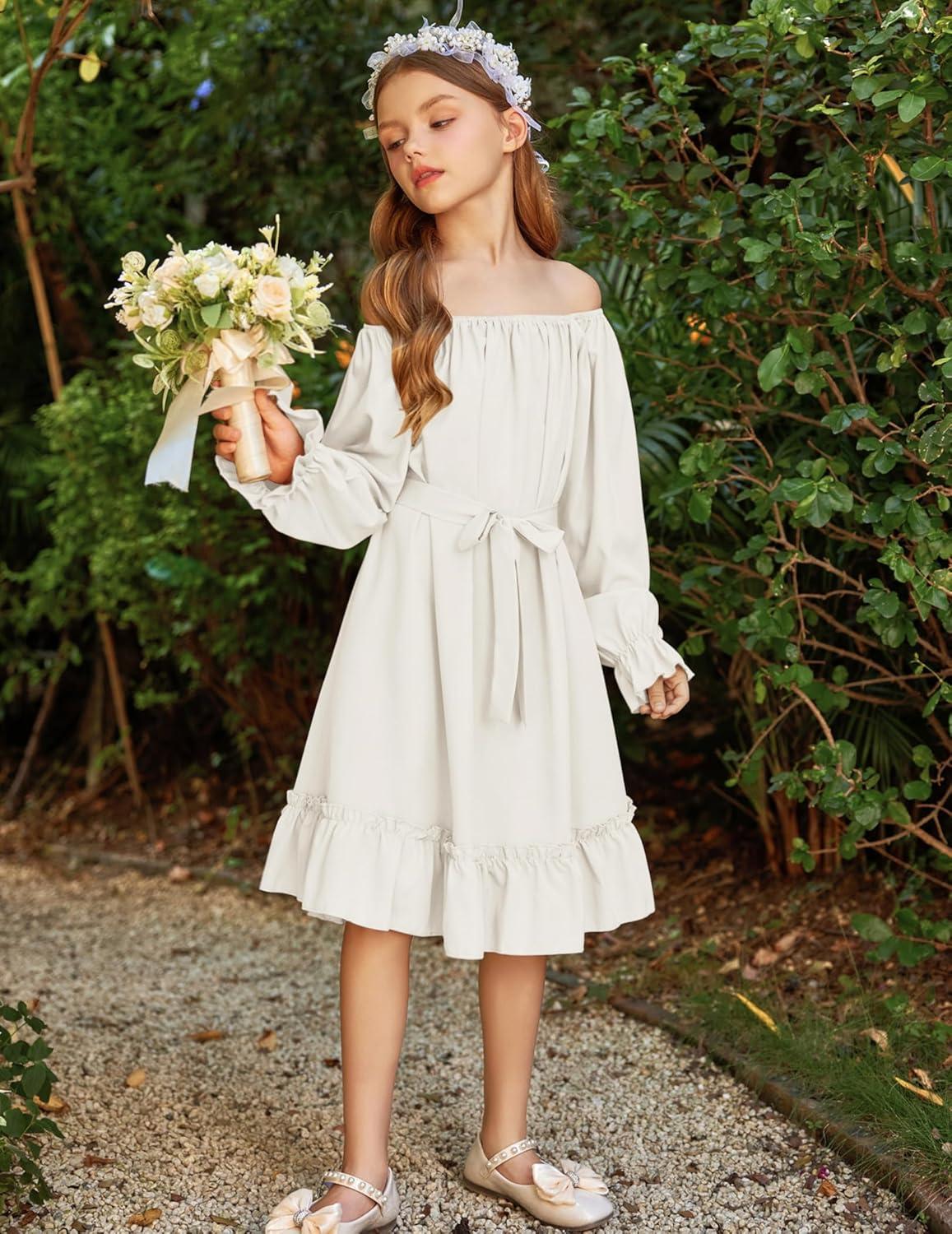 image:imageArshiner Girls Long Sleeve Dress Holiday Party Casual Ruffle Flowy Swing Midi Dresses 514 YearsWhite