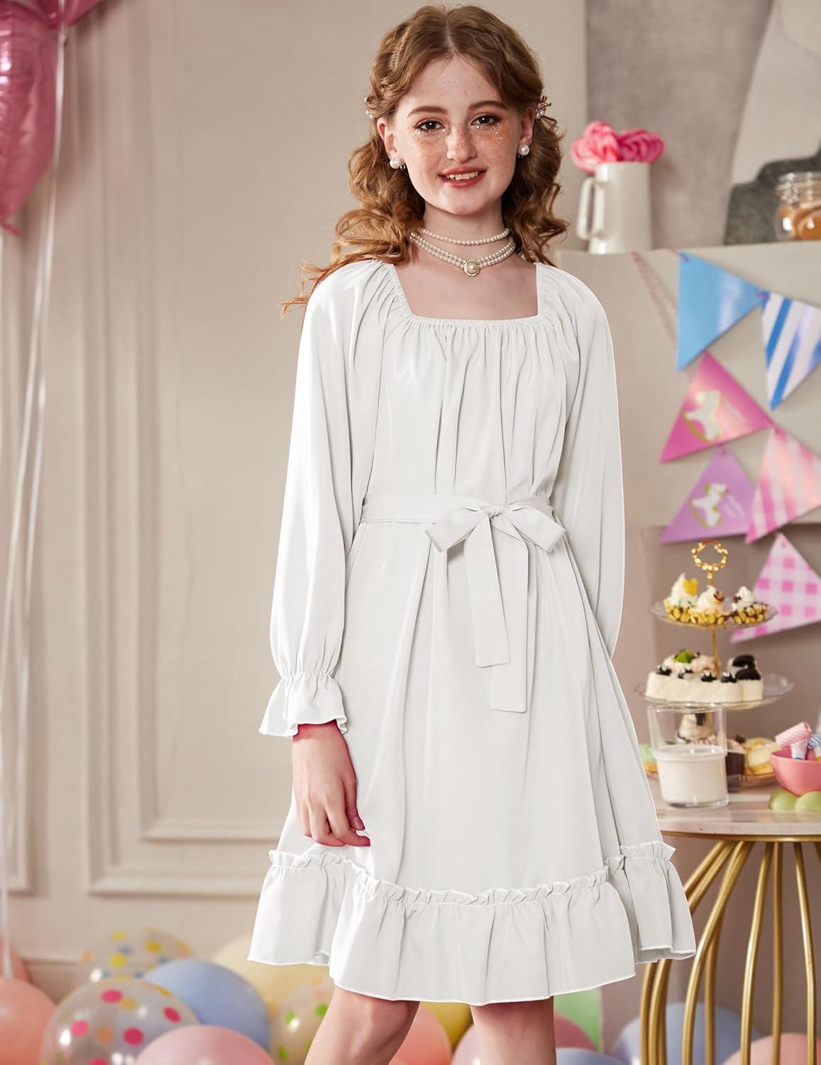 image:imageArshiner Girls Long Sleeve Dress Holiday Party Casual Ruffle Flowy Swing Midi Dresses 514 YearsWhite