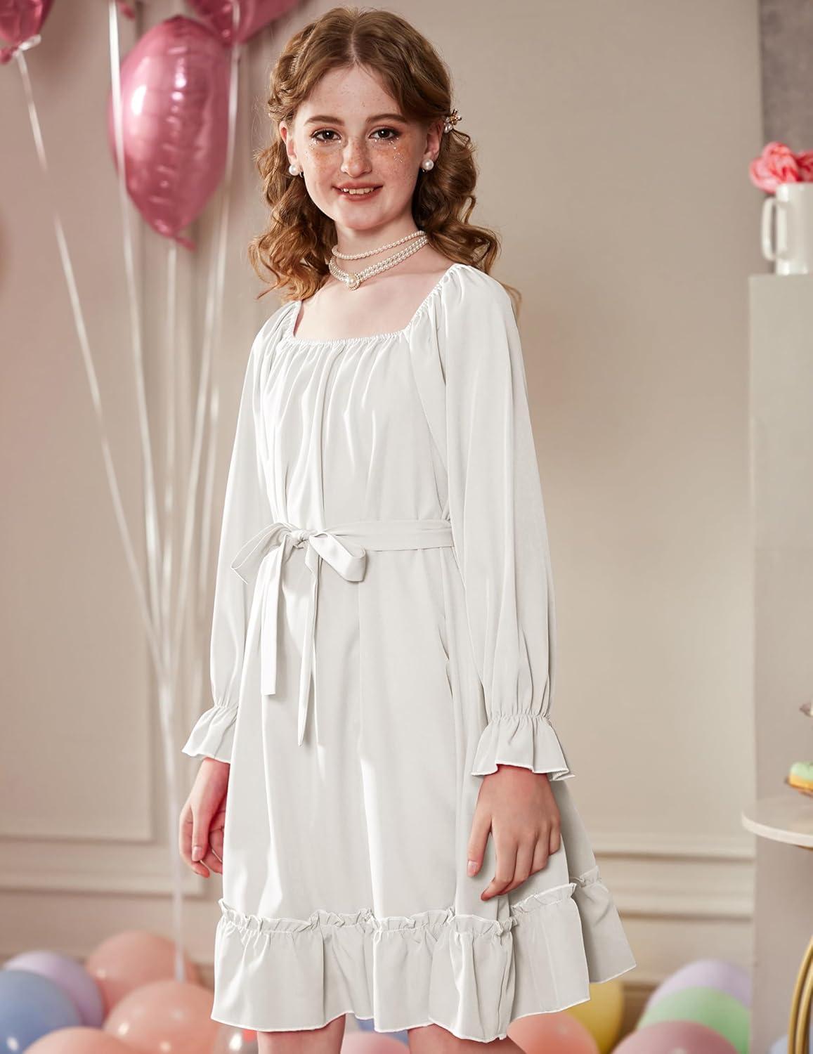 image:imageArshiner Girls Long Sleeve Dress Holiday Party Casual Ruffle Flowy Swing Midi Dresses 514 YearsWhite