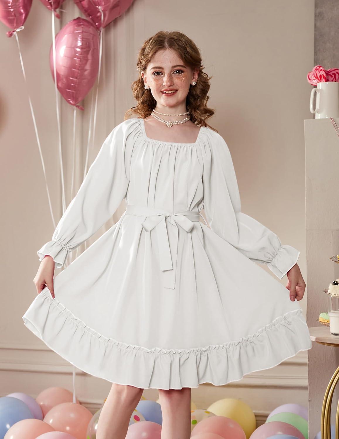 image:imageArshiner Girls Long Sleeve Dress Holiday Party Casual Ruffle Flowy Swing Midi Dresses 514 YearsWhite