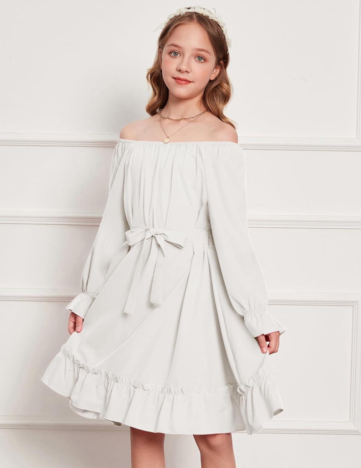 image:imageArshiner Girls Long Sleeve Dress Holiday Party Casual Ruffle Flowy Swing Midi Dresses 514 YearsWhite