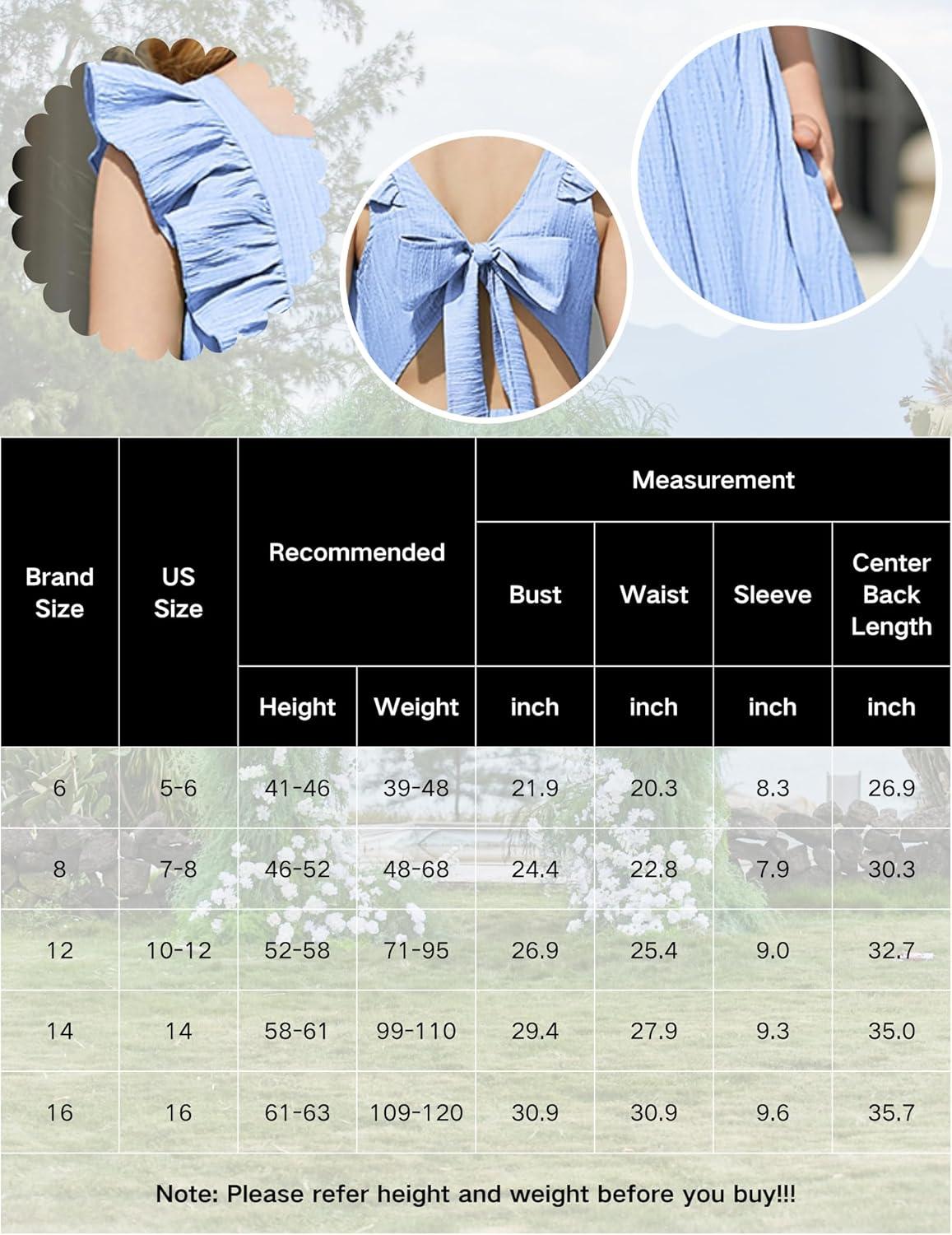 image:imageArshiner Girls Summer Tie Back Dress Tween Boho Casual Square Neck Flutter Sleeve Maxi Dresses with PocketsBlue Color Block