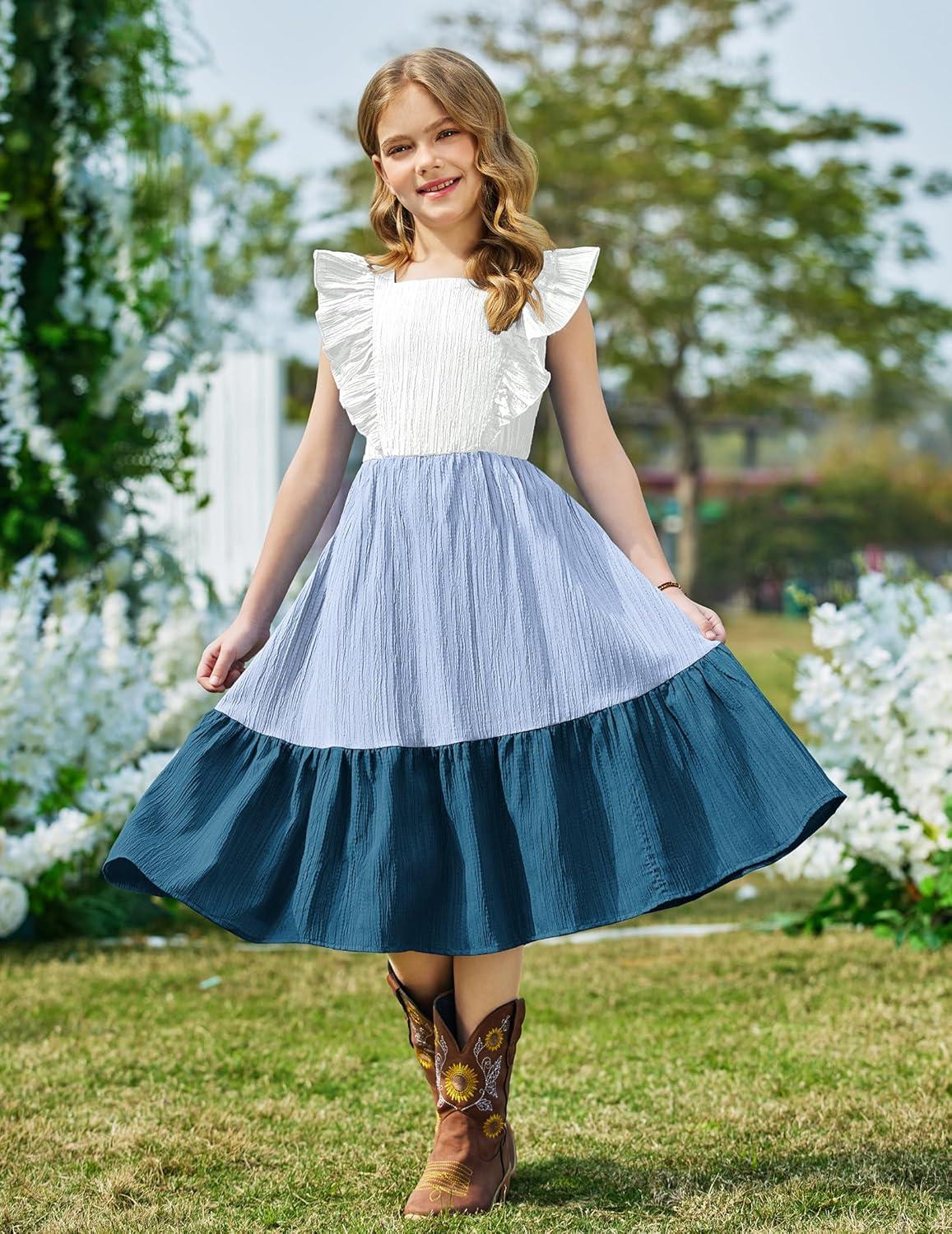 image:imageArshiner Girls Summer Tie Back Dress Tween Boho Casual Square Neck Flutter Sleeve Maxi Dresses with PocketsBlue Color Block