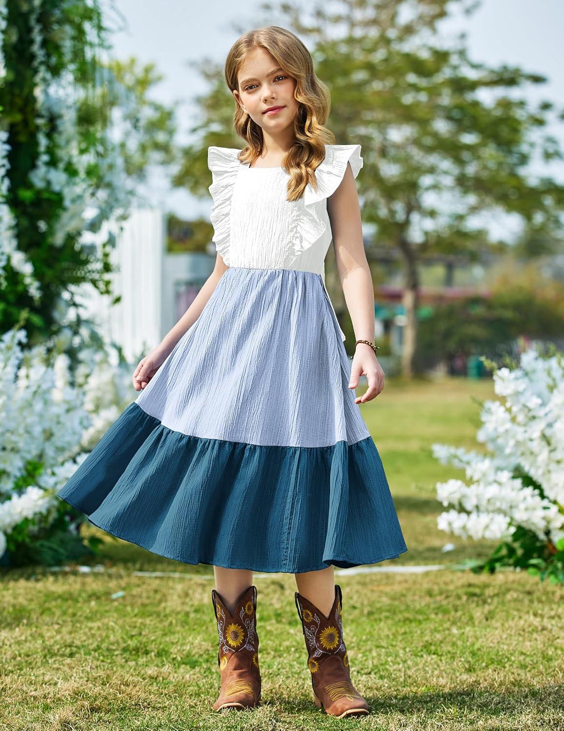 image:imageArshiner Girls Summer Tie Back Dress Tween Boho Casual Square Neck Flutter Sleeve Maxi Dresses with PocketsBlue Color Block