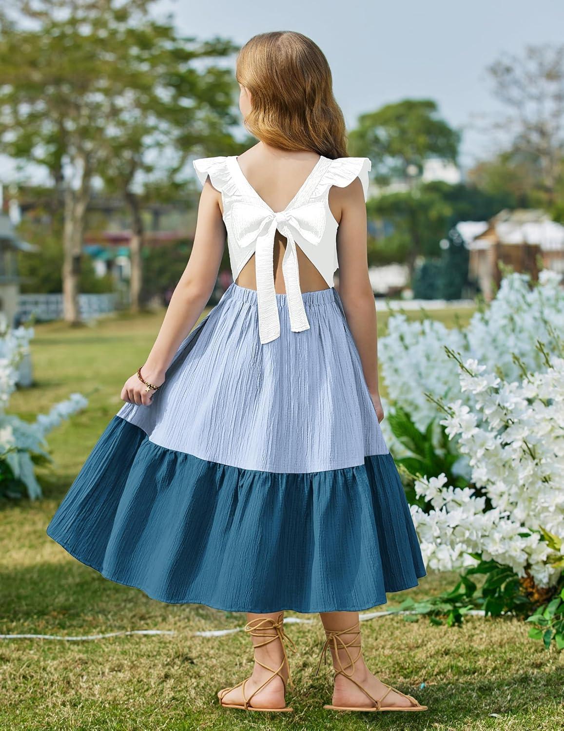 image:imageArshiner Girls Summer Tie Back Dress Tween Boho Casual Square Neck Flutter Sleeve Maxi Dresses with PocketsBlue Color Block