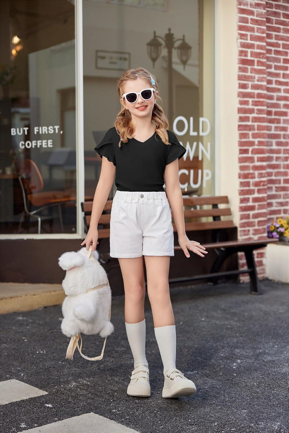 image:imageArshiner Girls T Shirts Double Layer Ruffle Short Sleeve Casual V Neck Kids Summer Tops Blouse TeeBlack
