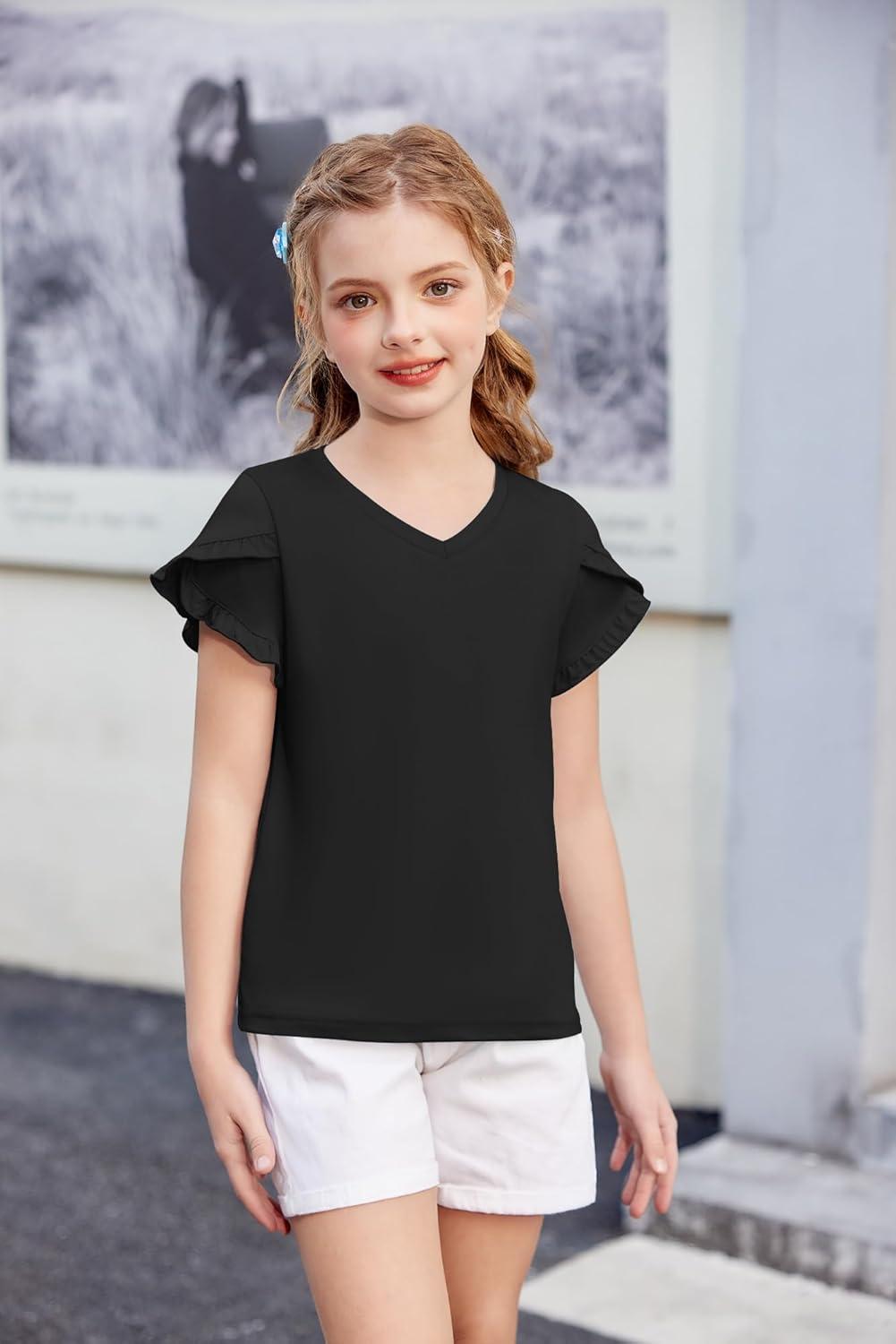 image:imageArshiner Girls T Shirts Double Layer Ruffle Short Sleeve Casual V Neck Kids Summer Tops Blouse TeeBlack