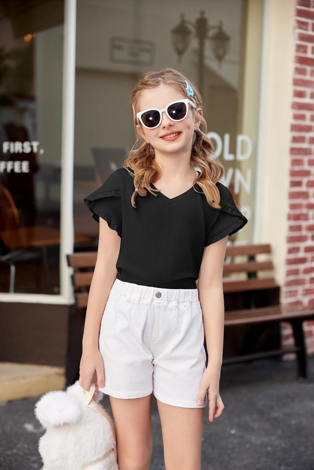 image:imageArshiner Girls T Shirts Double Layer Ruffle Short Sleeve Casual V Neck Kids Summer Tops Blouse TeeBlack