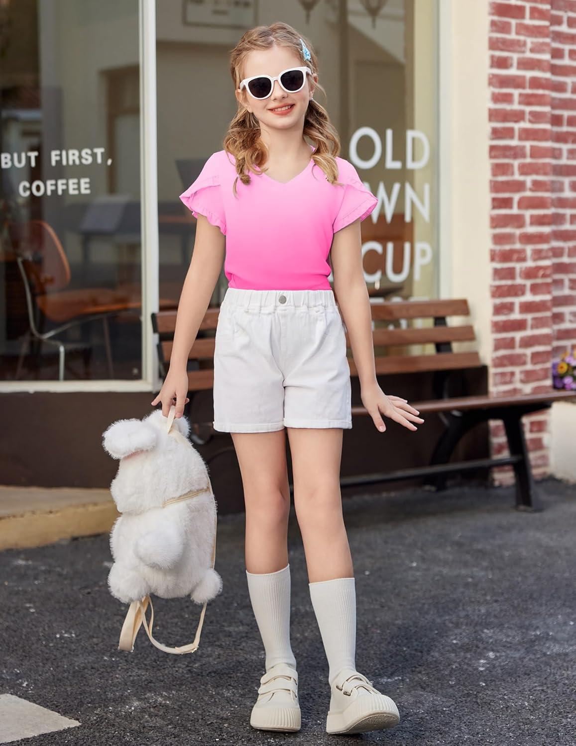 image:imageArshiner Girls T Shirts Double Layer Ruffle Short Sleeve Casual V Neck Kids Summer Tops Blouse TeeGradient Rose Red