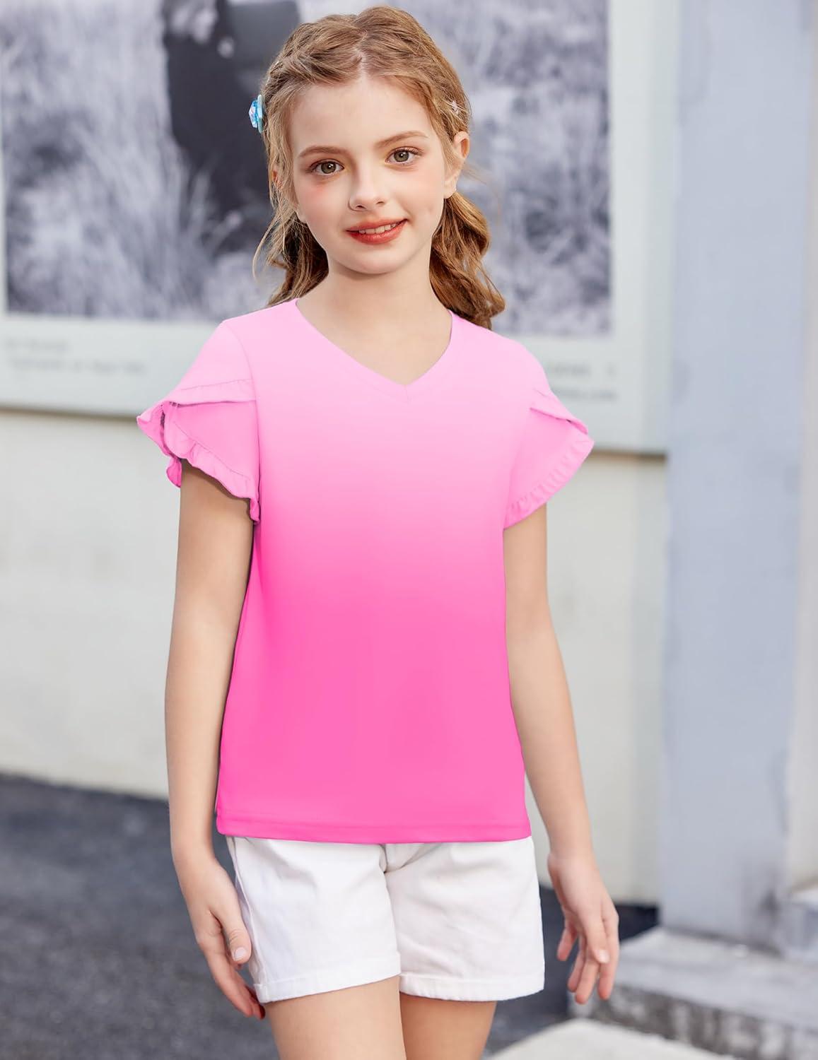 image:imageArshiner Girls T Shirts Double Layer Ruffle Short Sleeve Casual V Neck Kids Summer Tops Blouse TeeGradient Rose Red