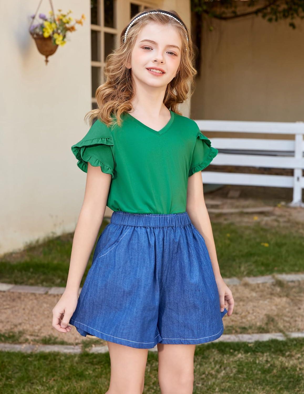image:imageArshiner Girls T Shirts Double Layer Ruffle Short Sleeve Casual V Neck Kids Summer Tops Blouse TeeGreen