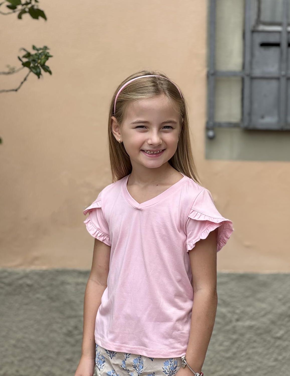 image:imageArshiner Girls T Shirts Double Layer Ruffle Short Sleeve Casual V Neck Kids Summer Tops Blouse TeePink