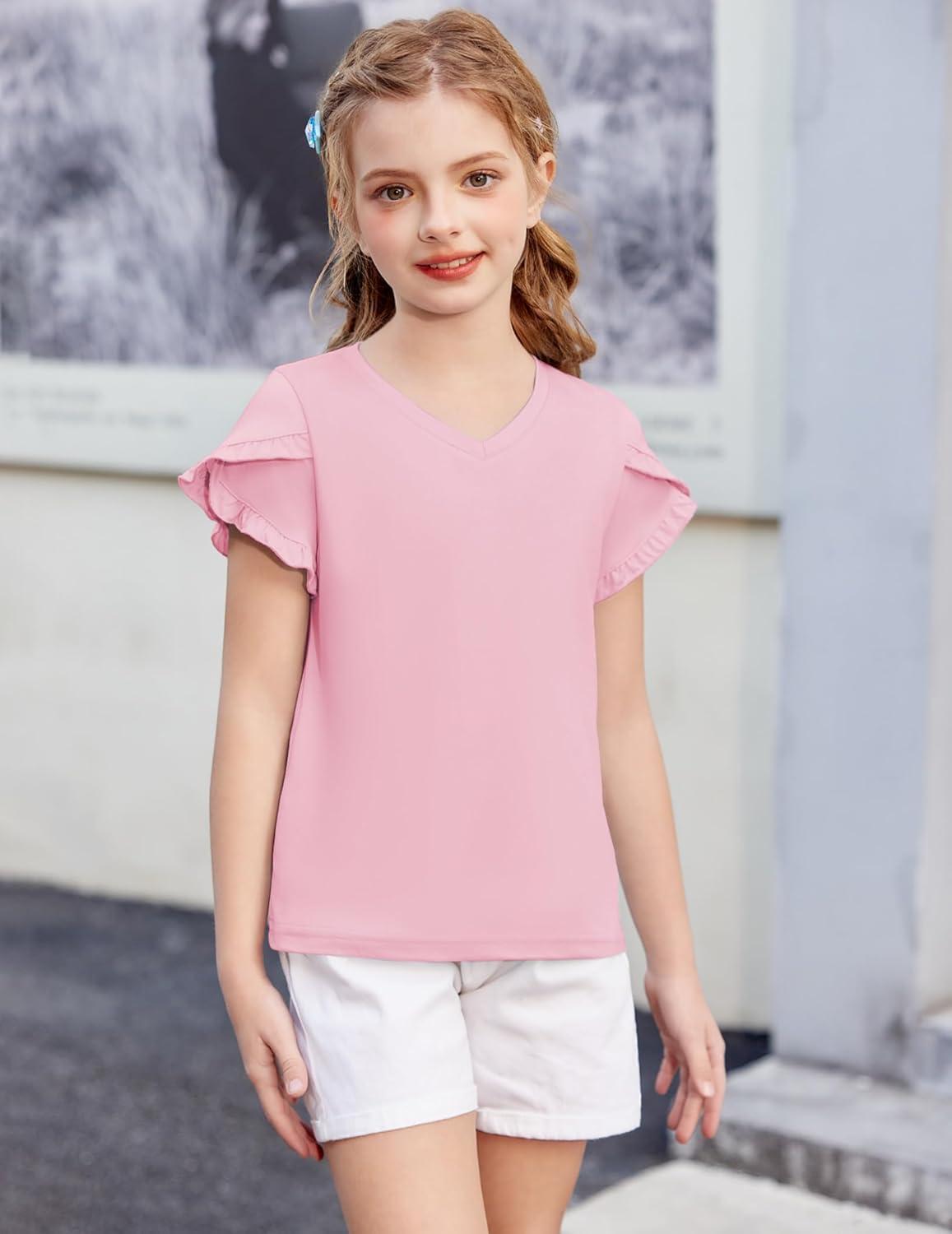 image:imageArshiner Girls T Shirts Double Layer Ruffle Short Sleeve Casual V Neck Kids Summer Tops Blouse TeePink