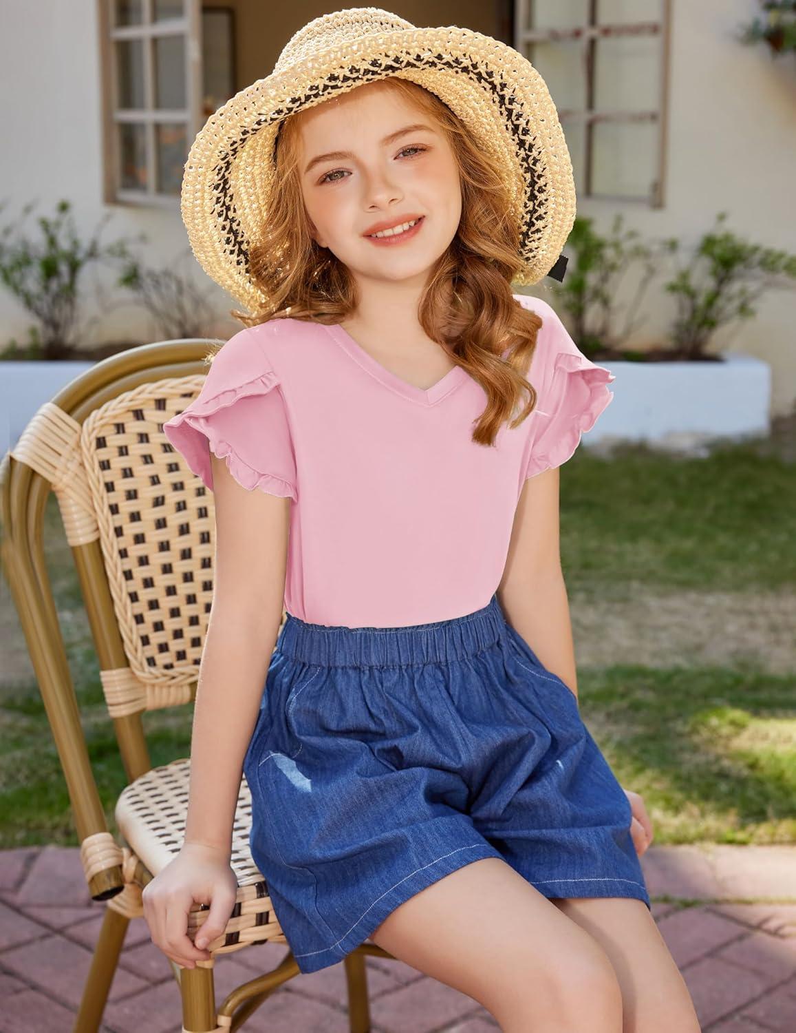 image:imageArshiner Girls T Shirts Double Layer Ruffle Short Sleeve Casual V Neck Kids Summer Tops Blouse TeePink