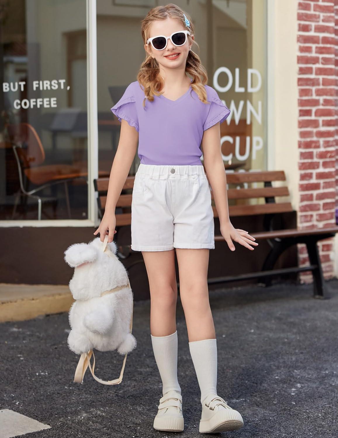 image:imageArshiner Girls T Shirts Double Layer Ruffle Short Sleeve Casual V Neck Kids Summer Tops Blouse TeePurple