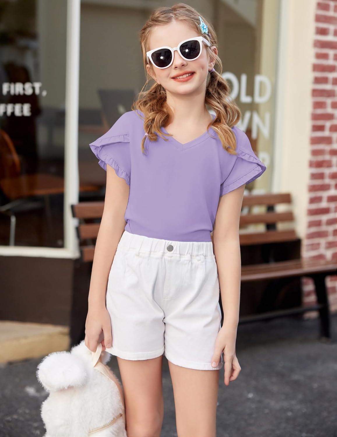 image:imageArshiner Girls T Shirts Double Layer Ruffle Short Sleeve Casual V Neck Kids Summer Tops Blouse TeePurple