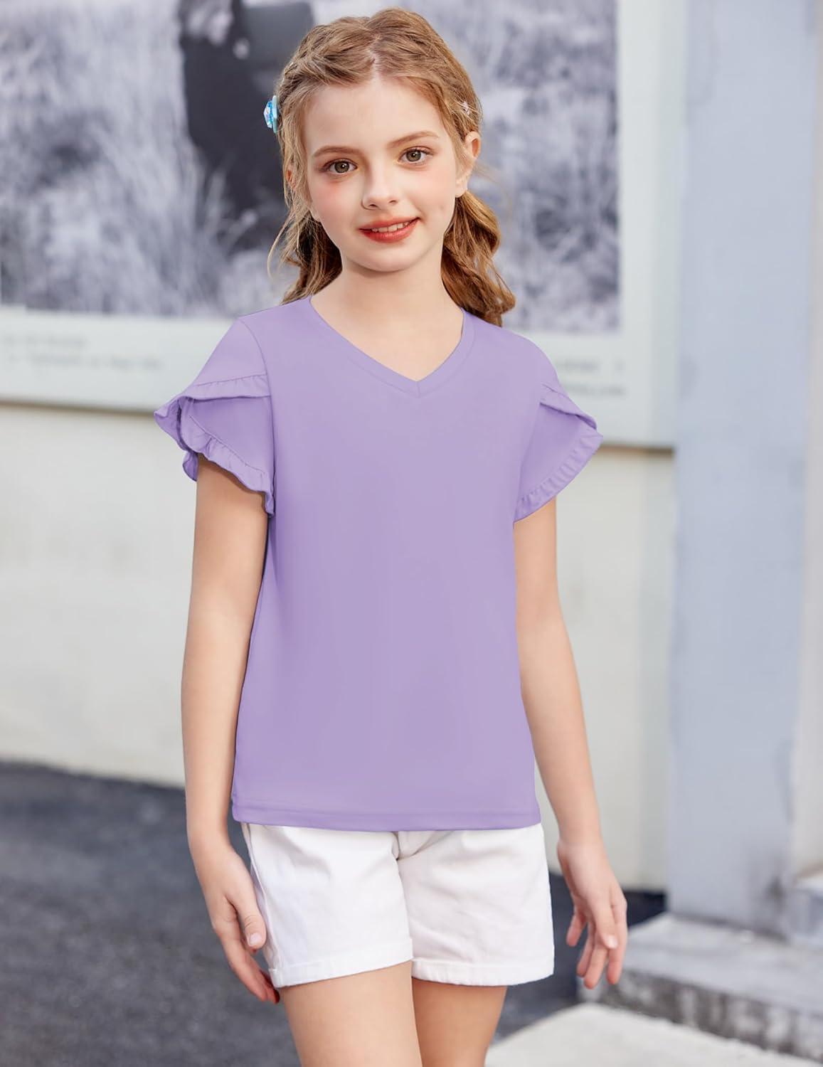 image:imageArshiner Girls T Shirts Double Layer Ruffle Short Sleeve Casual V Neck Kids Summer Tops Blouse TeePurple