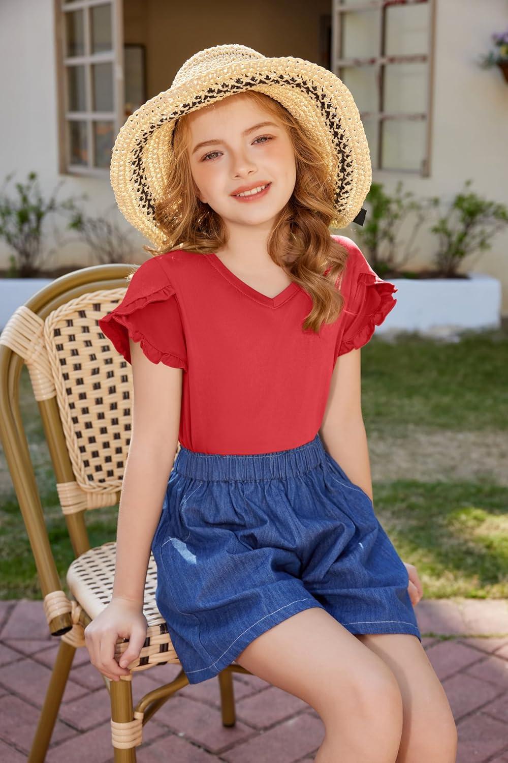 image:imageArshiner Girls T Shirts Double Layer Ruffle Short Sleeve Casual V Neck Kids Summer Tops Blouse TeeRed