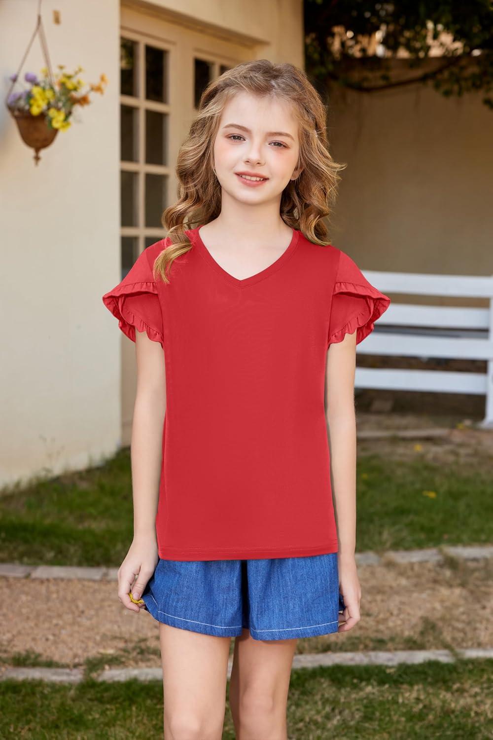 image:imageArshiner Girls T Shirts Double Layer Ruffle Short Sleeve Casual V Neck Kids Summer Tops Blouse TeeRed