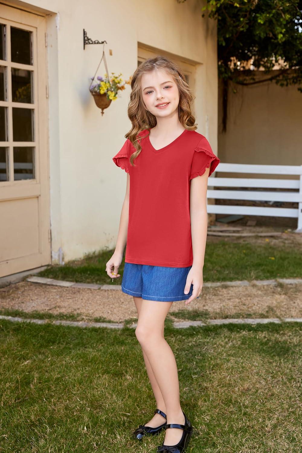 image:imageArshiner Girls T Shirts Double Layer Ruffle Short Sleeve Casual V Neck Kids Summer Tops Blouse TeeRed
