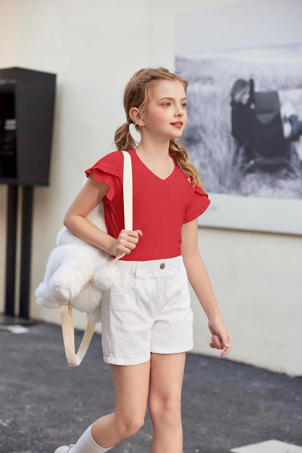 image:imageArshiner Girls T Shirts Double Layer Ruffle Short Sleeve Casual V Neck Kids Summer Tops Blouse TeeRed
