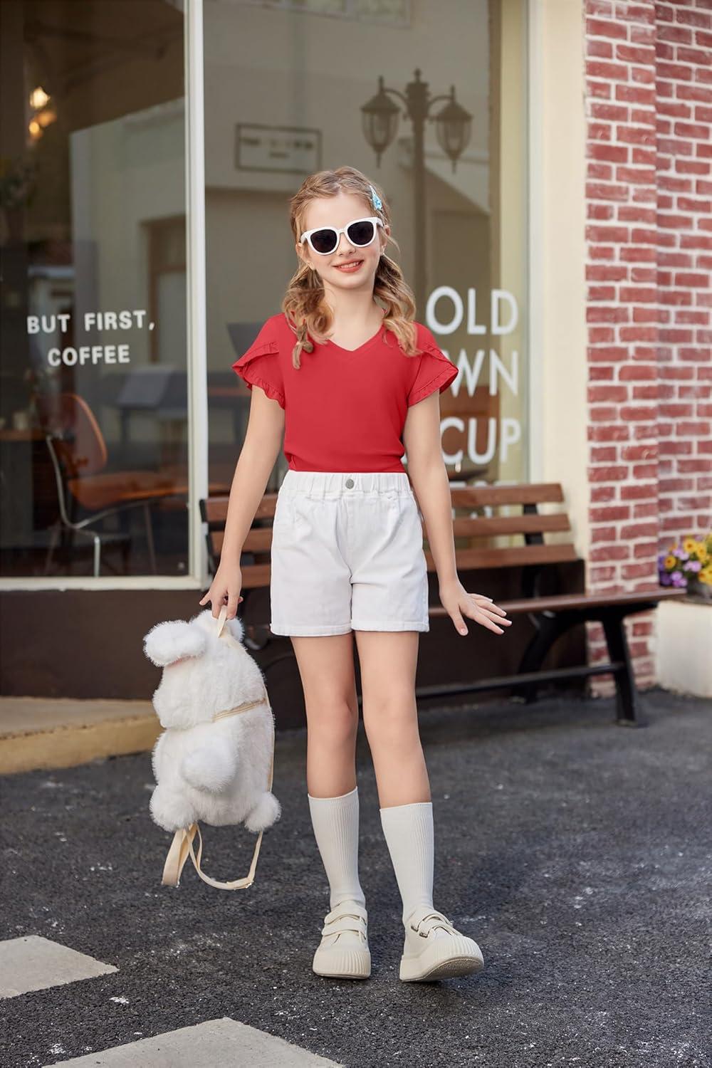 image:imageArshiner Girls T Shirts Double Layer Ruffle Short Sleeve Casual V Neck Kids Summer Tops Blouse TeeRed
