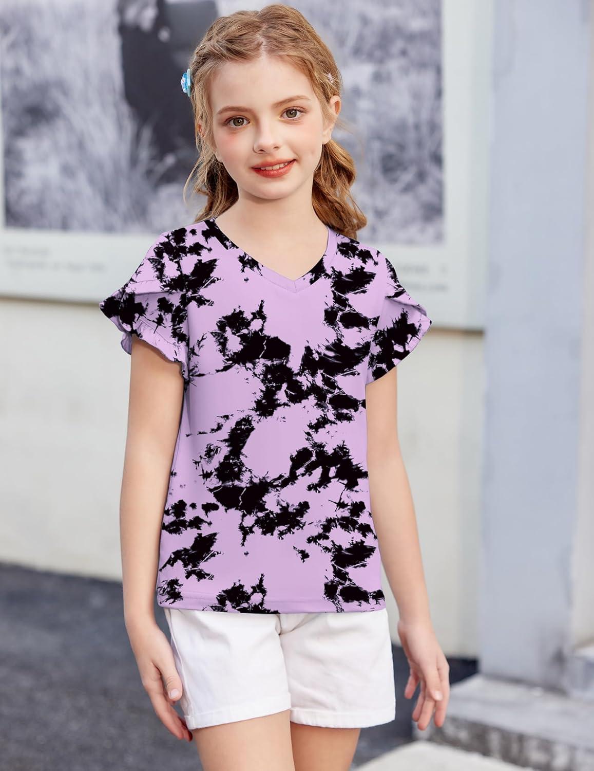 image:imageArshiner Girls T Shirts Double Layer Ruffle Short Sleeve Casual V Neck Kids Summer Tops Blouse TeeTie Dye BlackLilac