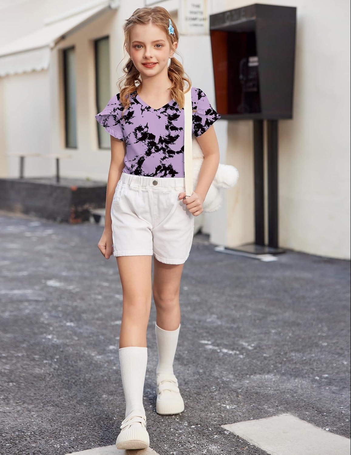 image:imageArshiner Girls T Shirts Double Layer Ruffle Short Sleeve Casual V Neck Kids Summer Tops Blouse TeeTie Dye BlackLilac