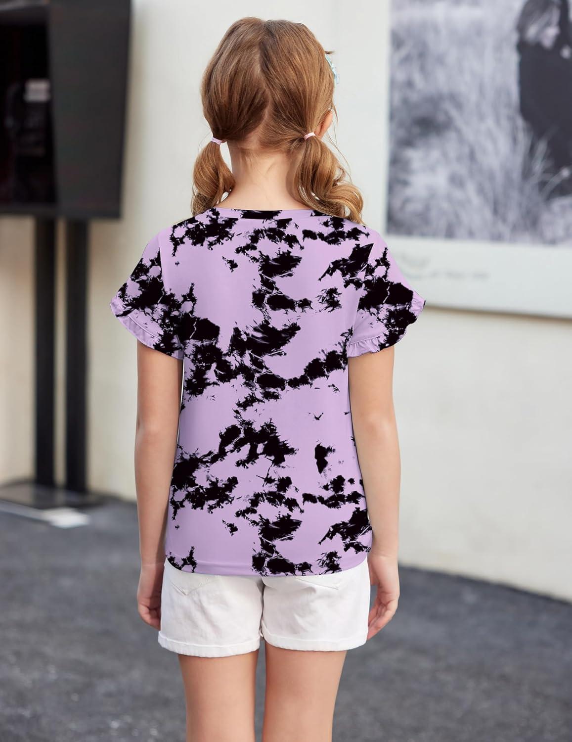 image:imageArshiner Girls T Shirts Double Layer Ruffle Short Sleeve Casual V Neck Kids Summer Tops Blouse TeeTie Dye BlackLilac