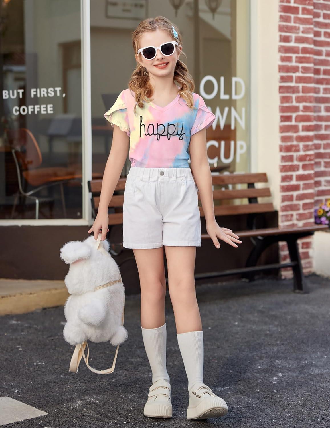 image:imageArshiner Girls T Shirts Double Layer Ruffle Short Sleeve Casual V Neck Kids Summer Tops Blouse TeeTie Dye Happy