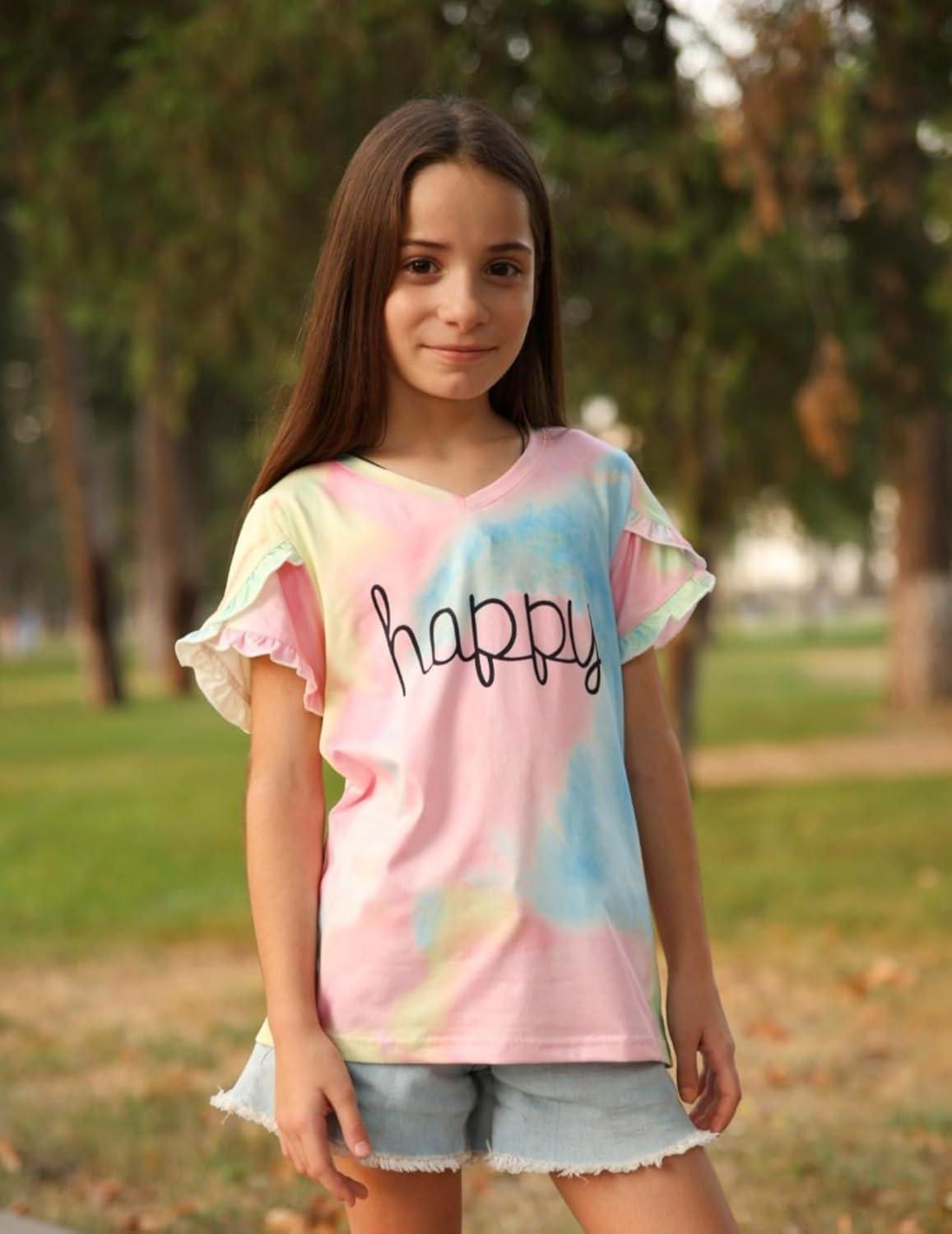 image:imageArshiner Girls T Shirts Double Layer Ruffle Short Sleeve Casual V Neck Kids Summer Tops Blouse TeeTie Dye Happy