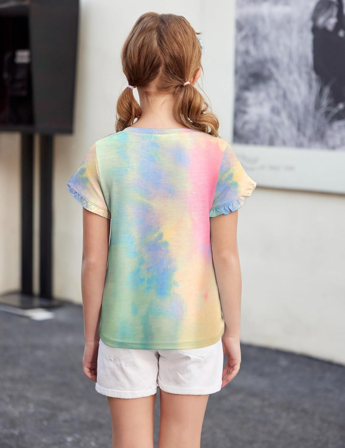 image:imageArshiner Girls T Shirts Double Layer Ruffle Short Sleeve Casual V Neck Kids Summer Tops Blouse TeeTie Dye Happy