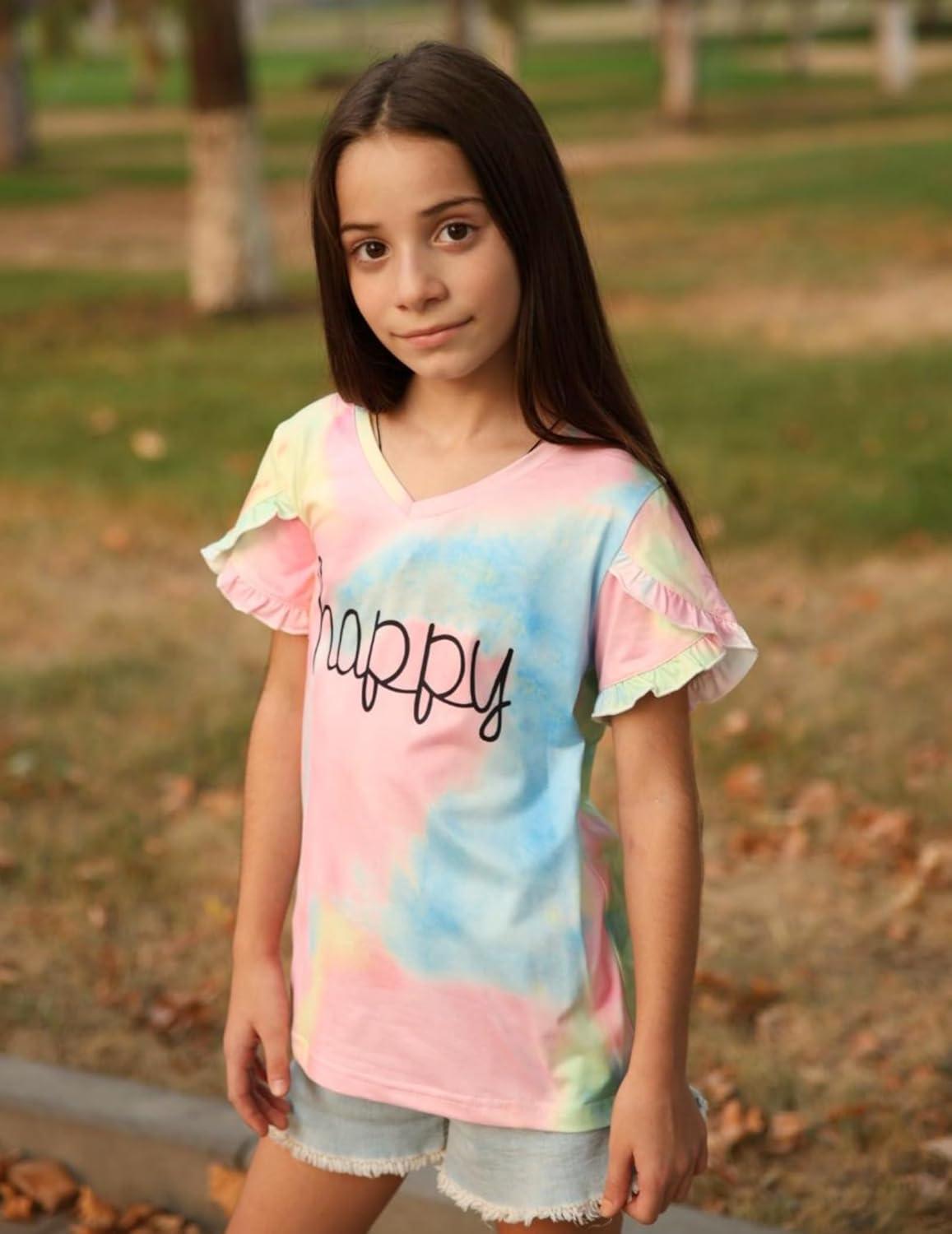 image:imageArshiner Girls T Shirts Double Layer Ruffle Short Sleeve Casual V Neck Kids Summer Tops Blouse TeeTie Dye Happy