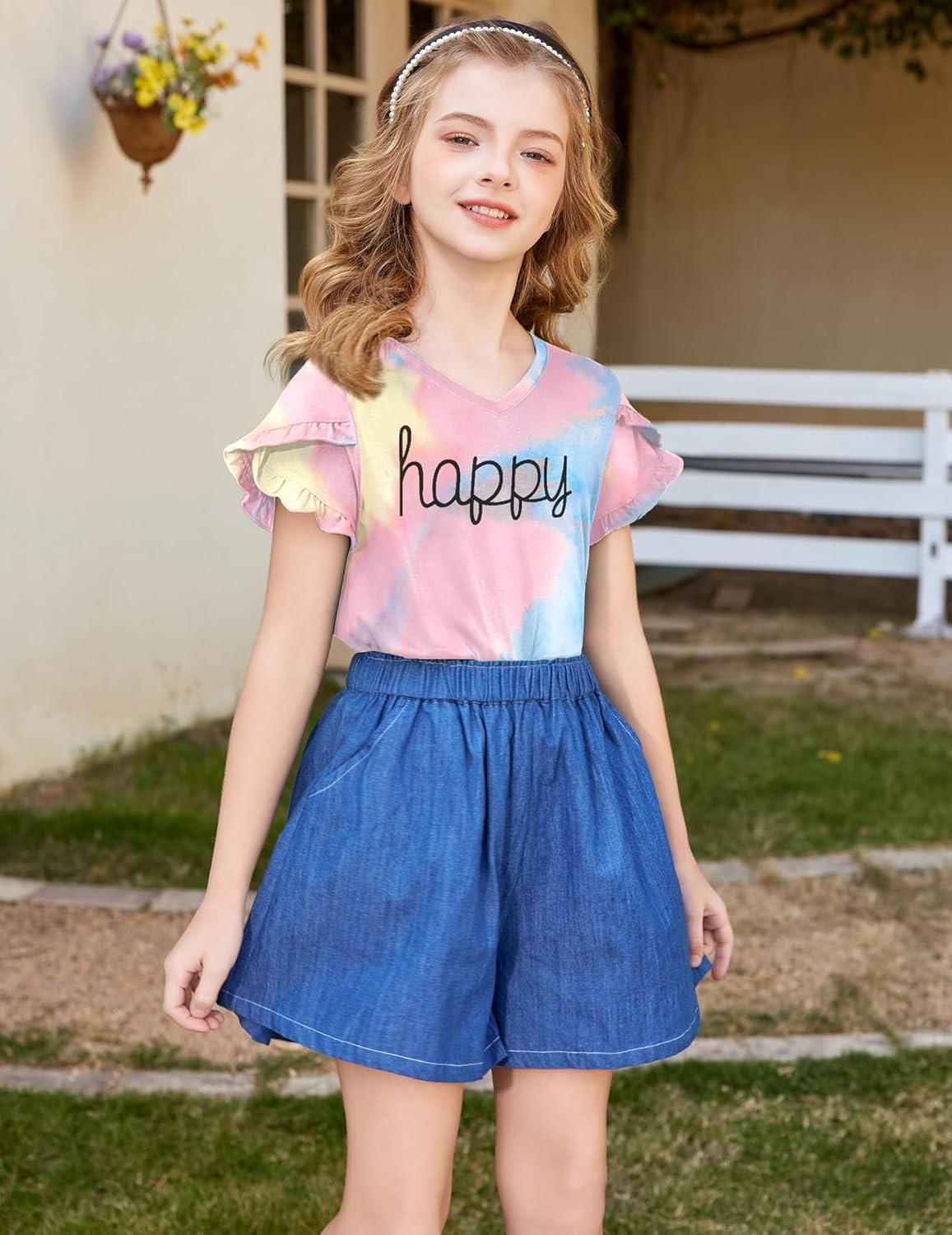 image:imageArshiner Girls T Shirts Double Layer Ruffle Short Sleeve Casual V Neck Kids Summer Tops Blouse TeeTie Dye Happy