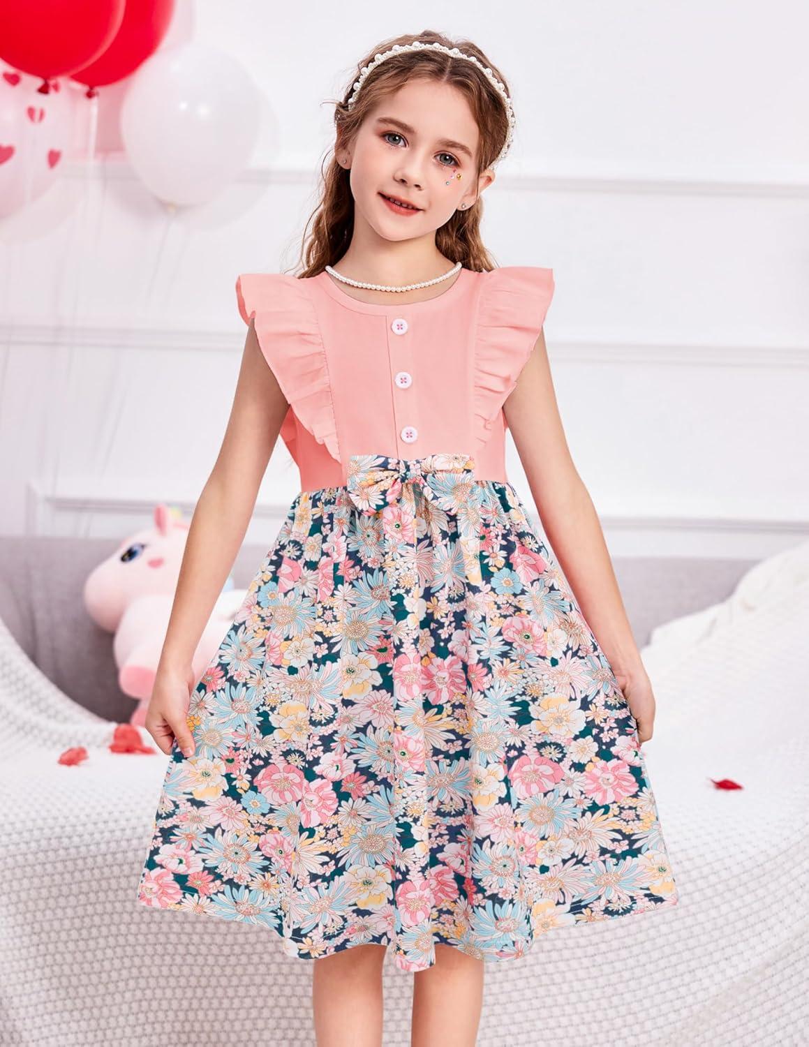 image:imageArshiner Toddler Dress Girls Ruffle Sleeve Summer Dresses Cute Bow Tie Botton Down Party Sundress for 27 YearsPink Flower