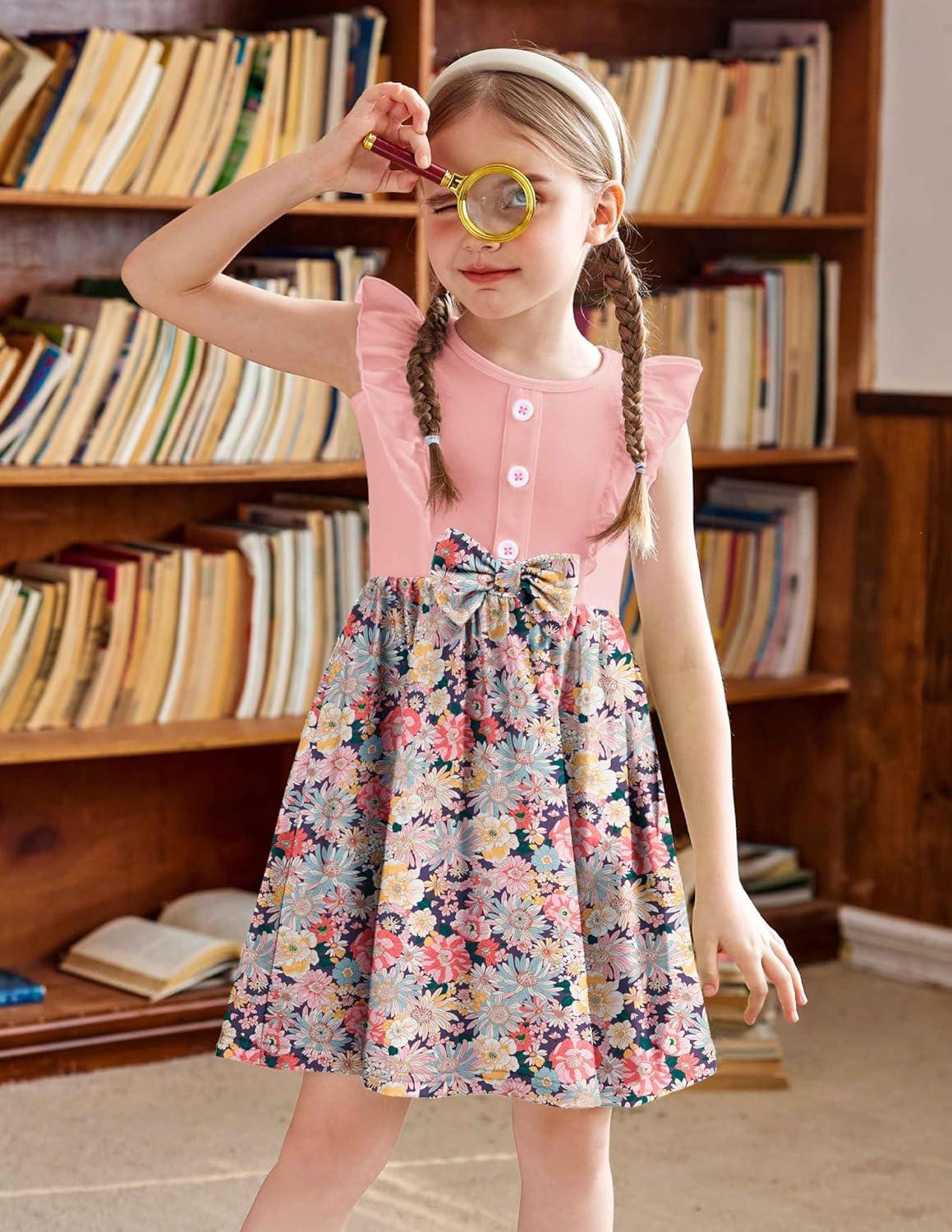 image:imageArshiner Toddler Dress Girls Ruffle Sleeve Summer Dresses Cute Bow Tie Botton Down Party Sundress for 27 YearsPink Flower