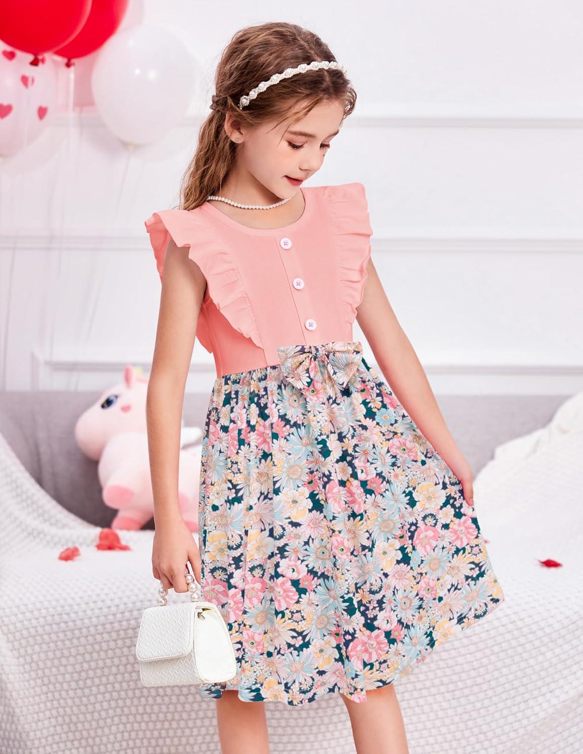 image:imageArshiner Toddler Dress Girls Ruffle Sleeve Summer Dresses Cute Bow Tie Botton Down Party Sundress for 27 YearsPink Flower