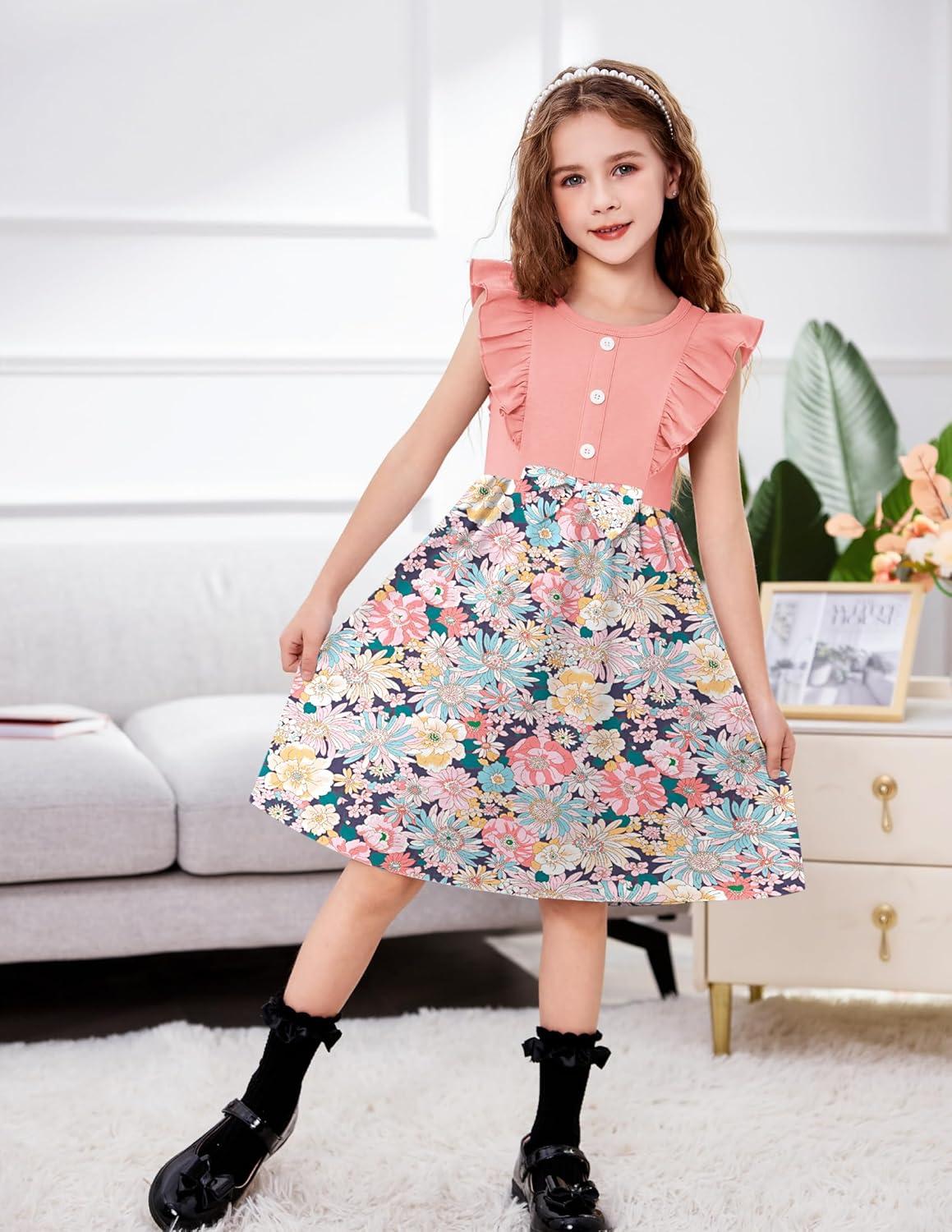 image:imageArshiner Toddler Dress Girls Ruffle Sleeve Summer Dresses Cute Bow Tie Botton Down Party Sundress for 27 YearsPink Flower