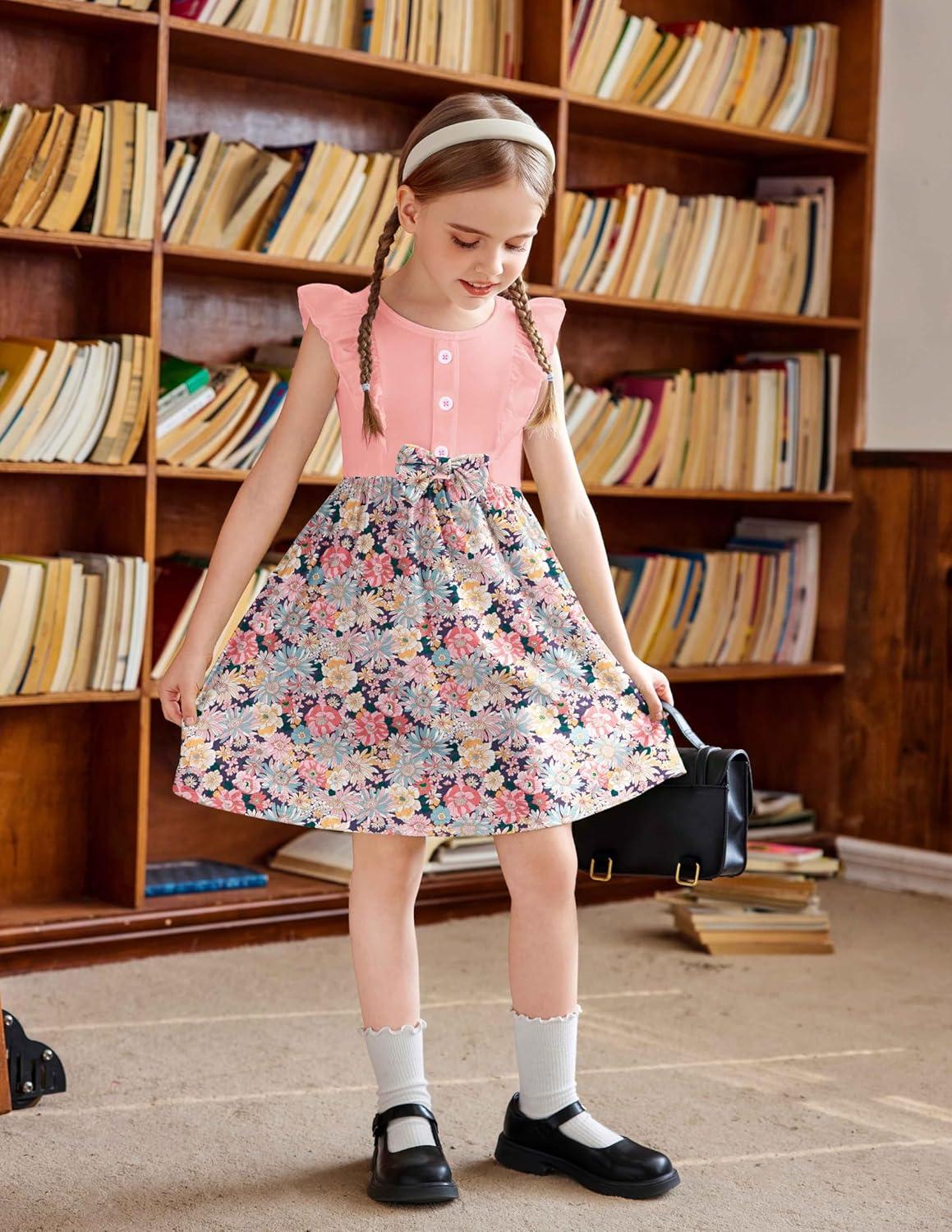 image:imageArshiner Toddler Dress Girls Ruffle Sleeve Summer Dresses Cute Bow Tie Botton Down Party Sundress for 27 YearsPink Flower
