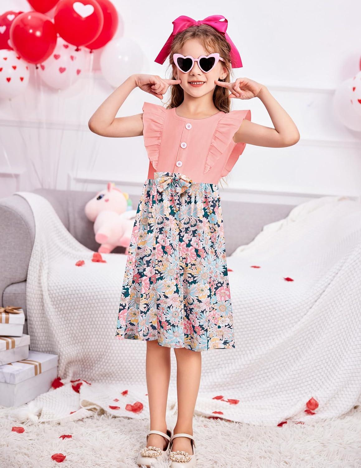 image:imageArshiner Toddler Dress Girls Ruffle Sleeve Summer Dresses Cute Bow Tie Botton Down Party Sundress for 27 YearsPink Flower