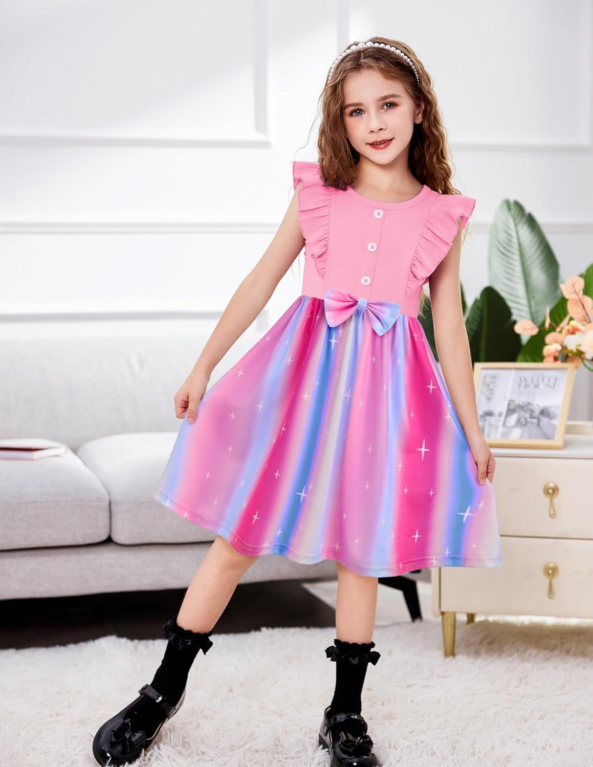 image:imageArshiner Toddler Dress Girls Ruffle Sleeve Summer Dresses Cute Bow Tie Botton Down Party Sundress for 27 YearsPinkrainbow
