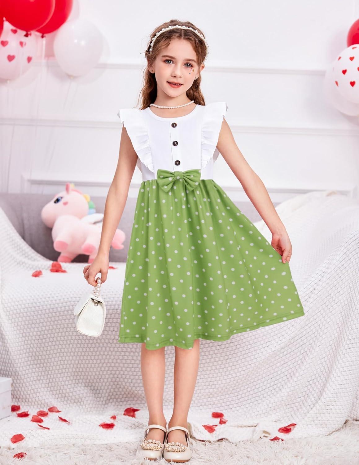 image:imageArshiner Toddler Dress Girls Ruffle Sleeve Summer Dresses Cute Bow Tie Botton Down Party Sundress for 27 YearsWhitegreen
