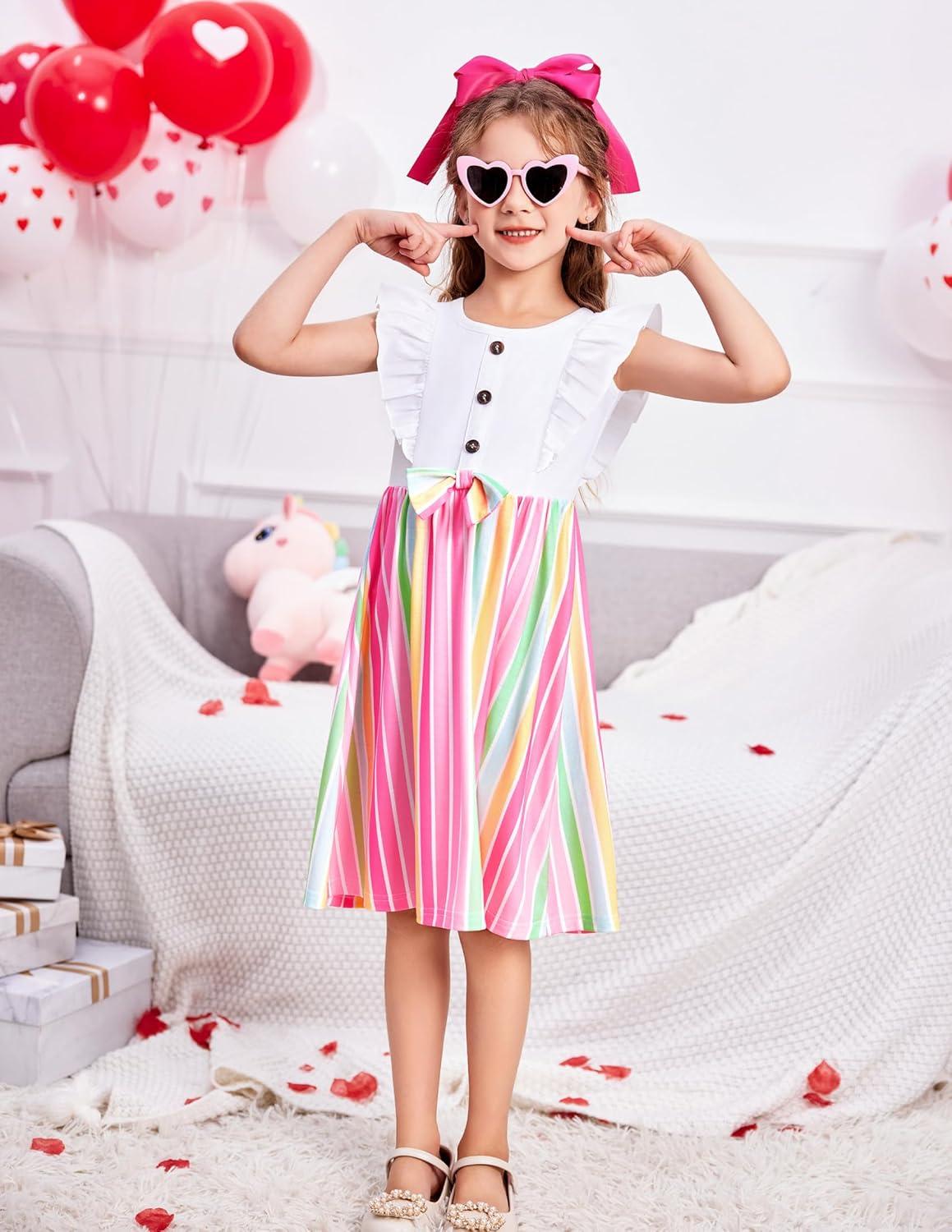 image:imageArshiner Toddler Dress Girls Ruffle Sleeve Summer Dresses Cute Bow Tie Botton Down Party Sundress for 27 YearsWhiterainbow