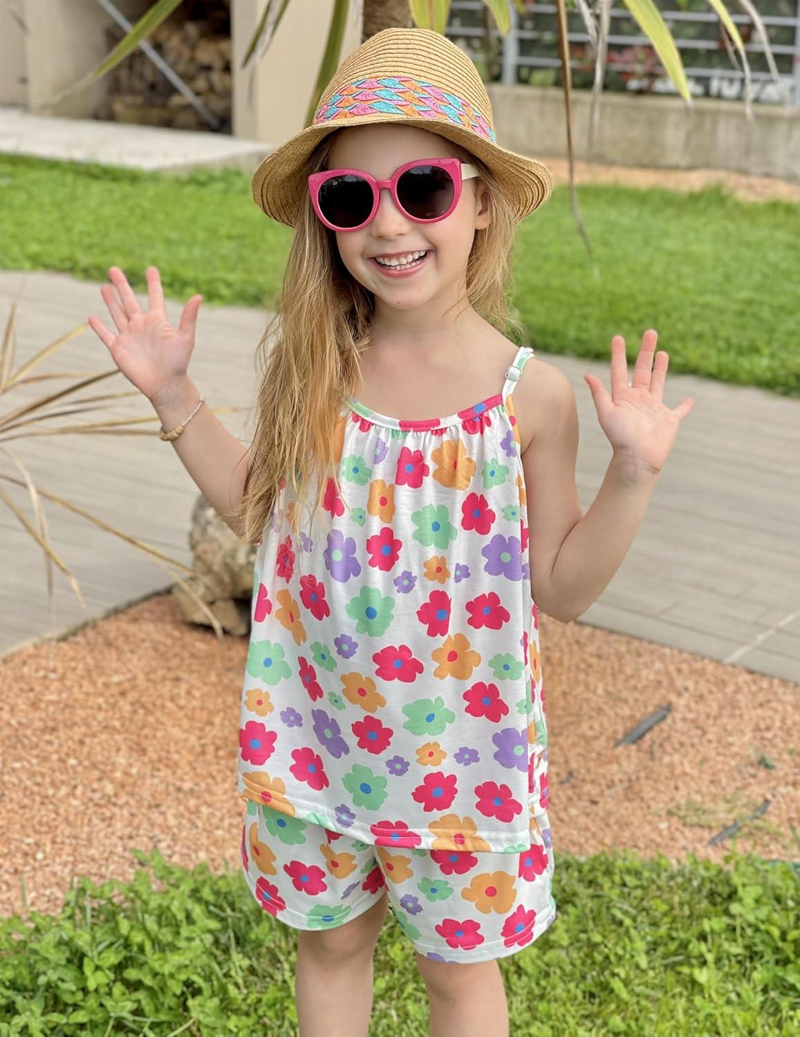 image:imageArshiner Toddler Girl Summer Clothes 2 Piece Loose Spaghetti Strap Tank Top and Short Set Kids Clothing Sets with PocketsColorful Flower