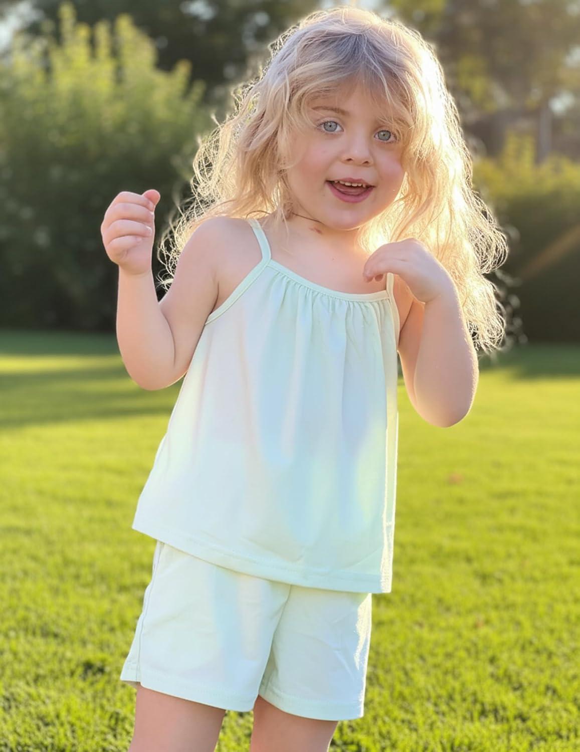 image:imageArshiner Toddler Girl Summer Clothes 2 Piece Loose Spaghetti Strap Tank Top and Short Set Kids Clothing Sets with PocketsLight Green