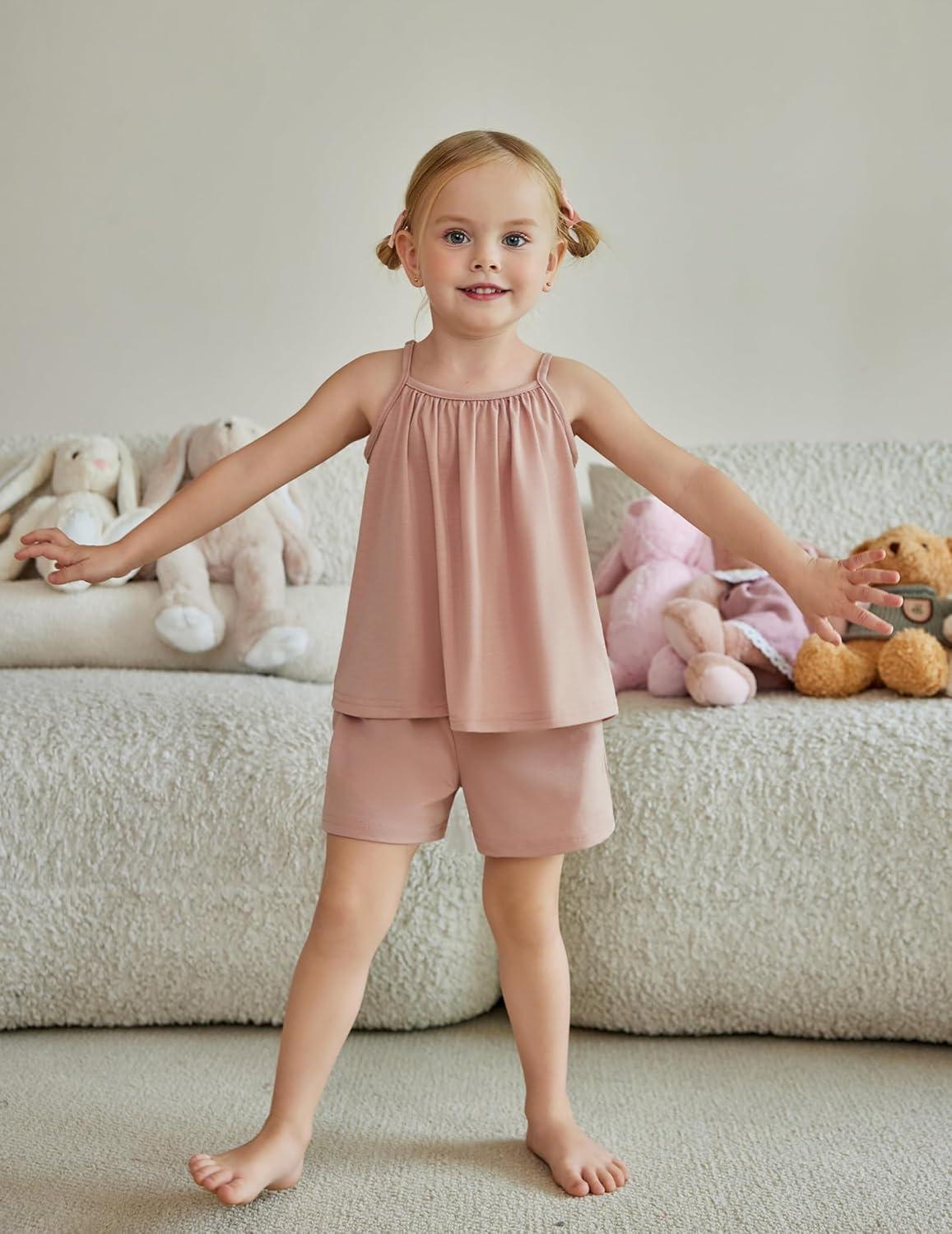 image:imageArshiner Toddler Girl Summer Clothes 2 Piece Loose Spaghetti Strap Tank Top and Short Set Kids Clothing Sets with PocketsLight Pink